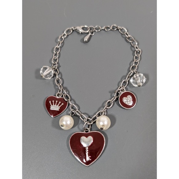 The Unbranded Brand Jewelry - Red Heart Crown Charm Bracelet Faux Pearl Gothic Queen Style 9"